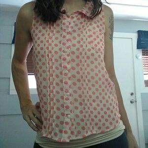 Peach/white polka-dot sheer sleeveless top